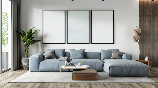 
3 Frame mockup, ISO A paper size. Living room wall poster mockup. Interior mockup with house background. Modern interior design. 3D render