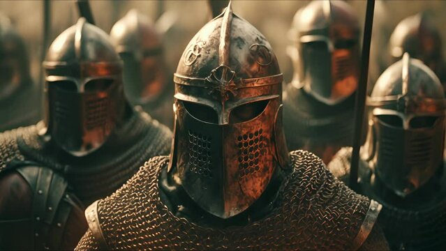 Warrior knight in armor. Fantasy medieval background. The concept of medieval history, life and culture. Ai-generated.