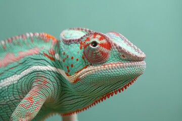 Close-up of a colorful chameleon with vivid scales on a green background
