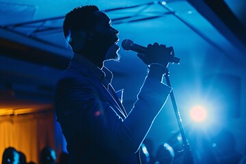 a man singing into a microphone - obrazy, fototapety, plakaty