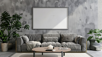 

Frame mockup, ISO A paper size. Living room wall poster mockup. Interior mockup with house background. Modern interior design. 3D render