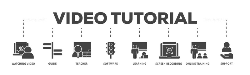 Video tutorial icons process structure web banner illustration of watching video, guide, teacher, software, learning, screen  recording, online training, support icon live stroke and easy to edit 