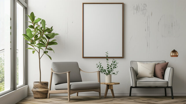 

Frame mockup, ISO A paper size. Living room wall poster mockup. Interior mockup with house background. Modern interior design. 3D render
