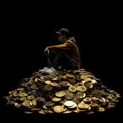 Person sitting on a pile of bitcoin coins. Cryptocurrency investing and saving concept. modern man sitting on a lot of money, isolated on black background. 