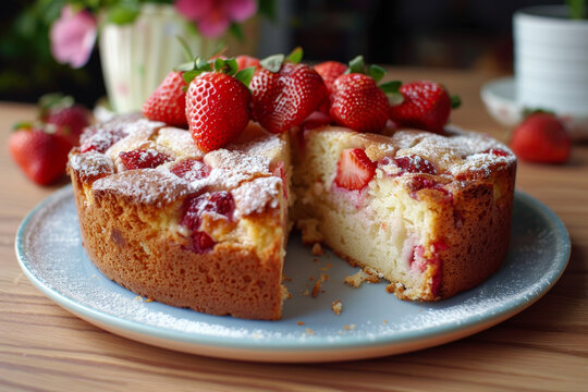 g&acirc;teau aux fraises pos&eacute; sur la table de la cuisine
