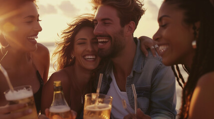 group of friends drinking and having a good time, laugher, enjoying a happy hour at the beach - obrazy, fototapety, plakaty
