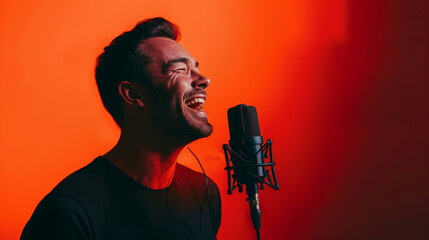 Happy man singing in professional microphone. Studio shot, empty orange background. Musical hobby.  - obrazy, fototapety, plakaty