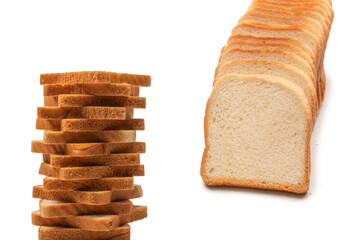 Delicious bread slices isolated on a white background, top view.