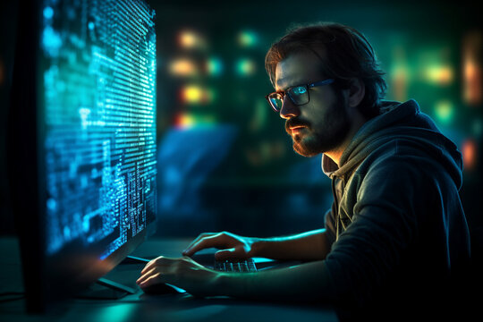 Hard working person in modern interior office programming writing web java script code AI technology generation