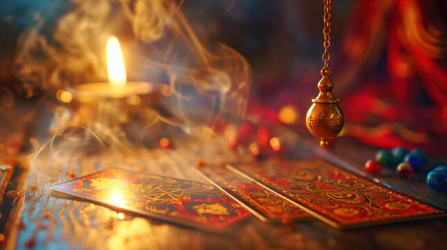 Mystical tarot reading with a pendulum and candlelight. Spiritual divination and fortune-telling.