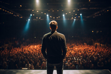 Motivational speaker with microphone performing on stage people sitting in hall generative AI
