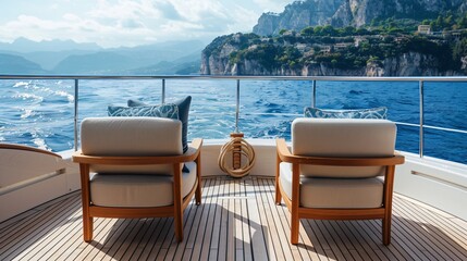 Fototapeta premium Sophisticated wooden platform in a private yacht interior showcasing luxury goods against the backdrop of the sea