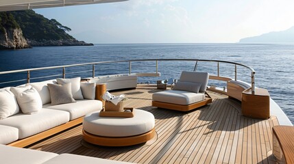 Sophisticated wooden platform in a private yacht interior showcasing luxury goods against the backdrop of the sea - obrazy, fototapety, plakaty