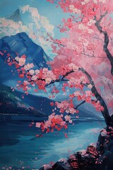 Blossoms in Bloom: Japanese Cherry Trees in Traditional Canvas Painting – A Scenic Artwork Featuring a Japanese Spring Landscape