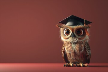 A scholarly maroon background complements the 3D owl in a graduation cap, symbolizing wisdom.