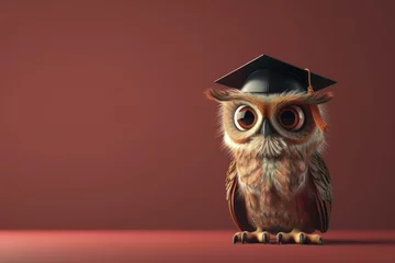 Cercles muraux Dessins animés de hibou A scholarly maroon background complements the 3D owl in a graduation cap, symbolizing wisdom.