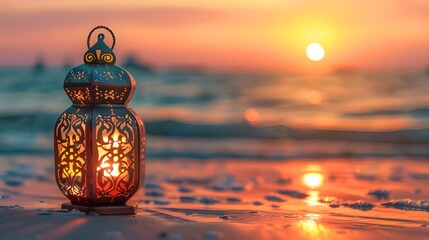 ramadan islamic greeting card of crescent moon decoration and lanterns with copy space area banner