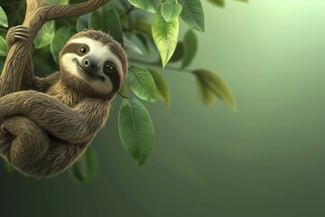 Naklejka premium Adorable 3D sloth hanging from a tree on a lazy green background, epitomizing relaxation.