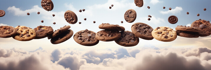 Chocolate bean cookies floating in the sky amidst fluffy clouds creating a dreamlike and...