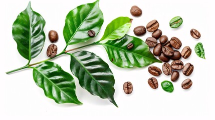 coffee beans and leaves on a branch