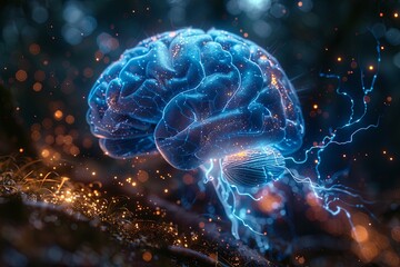 3d brain brain in blue, electrical wire, lightning in blue, in the style of realistic hyper-detail, human-canvas integration, mysterious atmosphere, natural phenomena. generative AI
