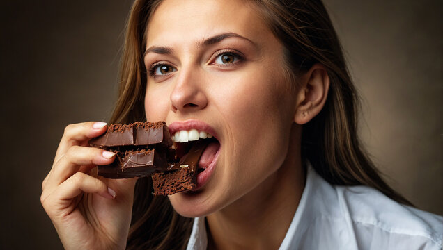 the mouth of a woman biting chocolate.