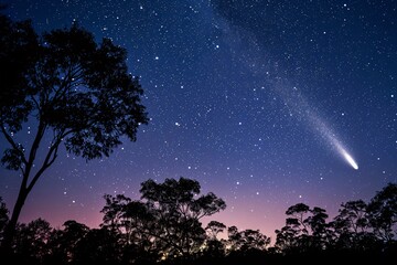 The night sky as seen from Earth with a comet approaching its glowing tail illuminating the starry expanse