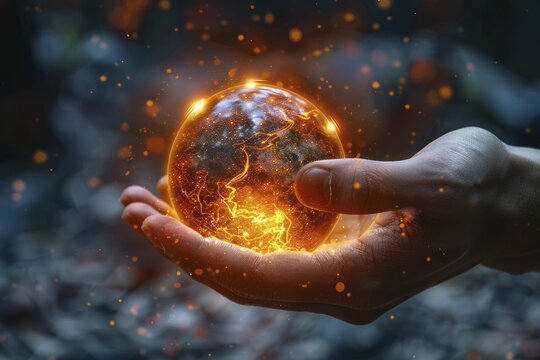 A close-up image of a hand grasping a luminous orb against a blurred mystical backdrop, perfect for a fantasy setting.