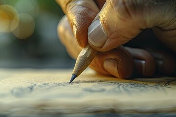 Close up of a hand sketching on a pad, blur solid background enhancing focus. - obrazy, fototapety, plakaty