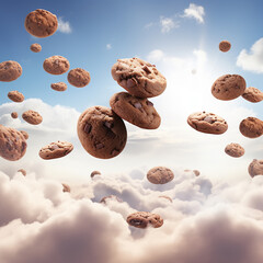 Fototapeta na wymiar Chocolate bean cookies floating in the sky amidst fluffy clouds creating a dreamlike and fantastical scene. Ai generated