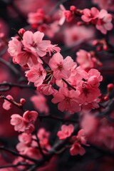 Obraz premium Enchanting Blossom Spectrum: Macro View of Japanese Cherry Blossoms, Overflowing with Colors, Depth, and the Magical Aura of Spring
