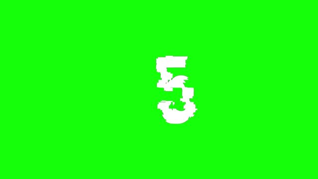 Countdown number from 10 to 0. Digital glitch distortion effect ten to zero sconds, dynamic pixel animation 10-0 green screen  cout down chroma key.