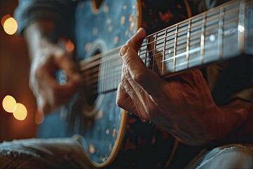Fingers strumming guitar, blurred warm-toned background sets music theme ambiance.