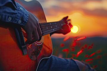 Fingers strumming an acoustic guitar, with a blurred sunset-colored background for mood.