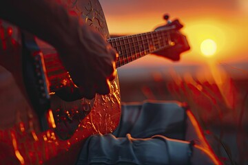 Fingers strum an acoustic guitar against a blurred sunset-colored backdrop, setting a serene mood.