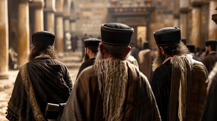 Illustration of ancient Jewish Pharisees during the period of Jesus Christ, known for their strict interpretation of religious law and their dedication to the study of scripture.