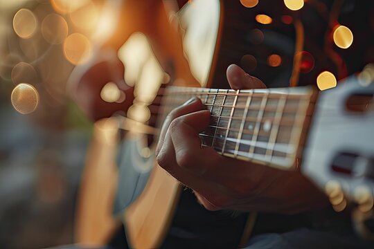 Fingers strumming a guitar, blur solid background in warm tones for a music theme.