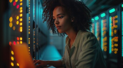 Black woman IT engineer working with laptop in server room