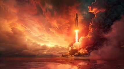 Majestic Rocket Launch at Sunset. A rocket surges skyward amidst a fiery sunset, symbolizing human ingenuity and the quest for space exploration.
