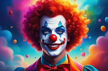 One gorgeous happy clown with curly hair, an explosion of colors bright, happy colors, beautiful light 