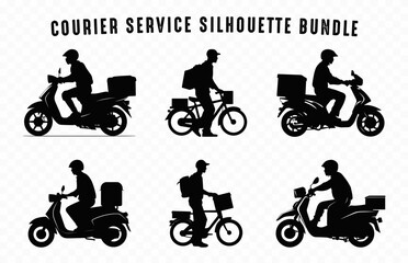 Delivery Man carrying a box on motorbike Silhouettes Clipart Set, Courier Service Silhouette black Vector Bundle