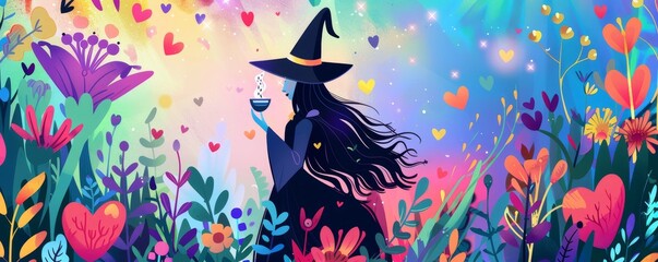 A cute witch casting love spells in a magical garden surrounded by heart shaped potions and enchanted flora illustrating the fusion of love and magic - obrazy, fototapety, plakaty