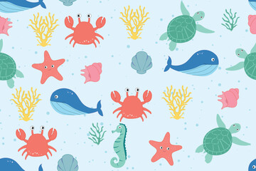 Colorful seamless pattern with sea animals. Trendy cartoon pattern of seashells for wrapping paper, wallpaper, stickers, notebook cover.