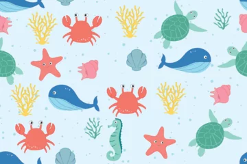 Crédence de cuisine en verre imprimé Vie marine Colorful seamless pattern with sea animals. Trendy cartoon pattern of seashells for wrapping paper, wallpaper, stickers, notebook cover.