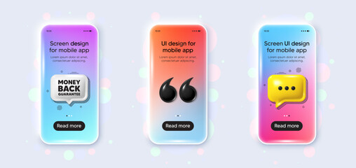 Phone 3d mockup gradient screen. Money back guarantee tag. Promo offer sign. Advertising promotion symbol. Money back guarantee phone mockup message. 3d chat speech bubble. Yellow text box app. Vector