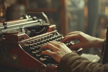 Hand typing on a vintage typewriter evokes nostalgia against a sepia toned blurred background. - obrazy, fototapety, plakaty