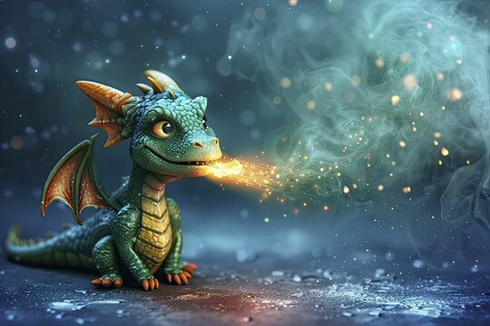 A whimsical 3D dragon breathes a small flame against a midnight blue backdrop, with dreams of becoming larger.