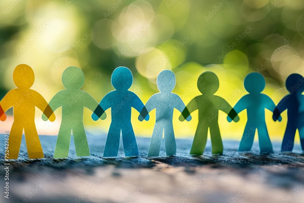 Poster community unity represented by paper figures coming together symbolizing collaboration and support