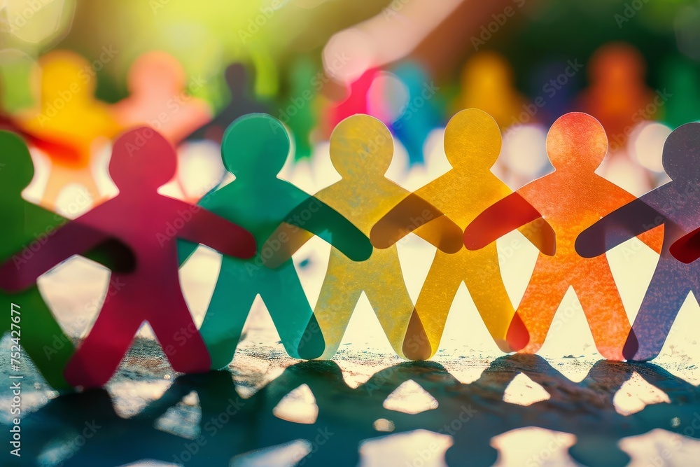 Poster community unity represented by paper figures coming together symbolizing collaboration and support