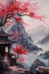 Cherry Blossom Elegance: Traditional Canvas Painting Depicting Japanese Sakura Trees, Evoking the Splendor of Nature, Landscape, and Torii Gate